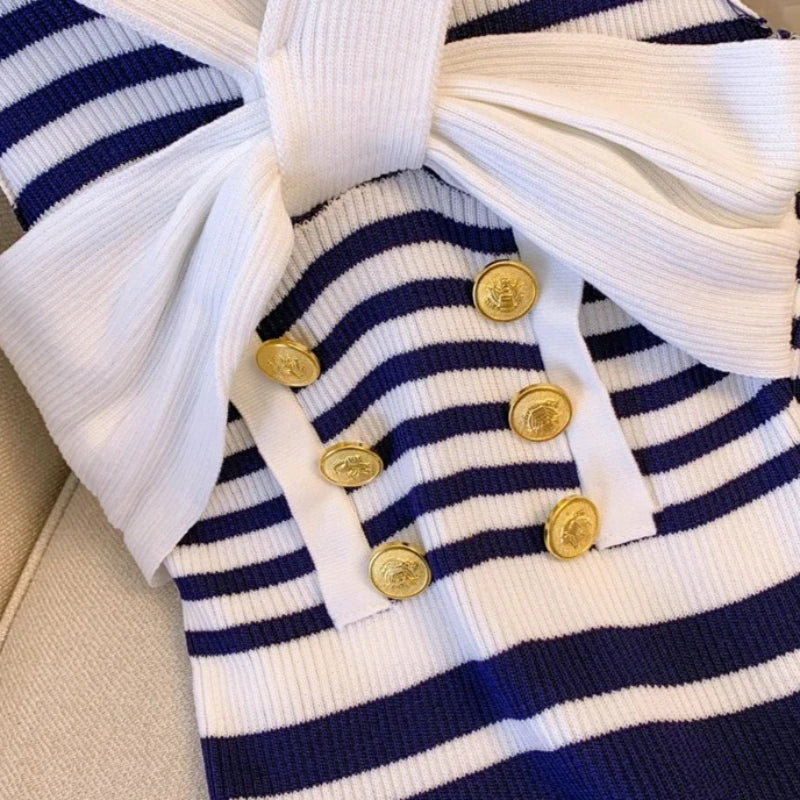 Women's Blue White Striped Crisscross Halter Neck Sundress Gold Button Detail Stretchy Knit Bodycon Mini Dress Sexy Party Dress
