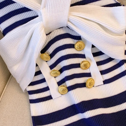 Women's Blue White Striped Crisscross Halter Neck Sundress Gold Button Detail Stretchy Knit Bodycon Mini Dress Sexy Party Dress