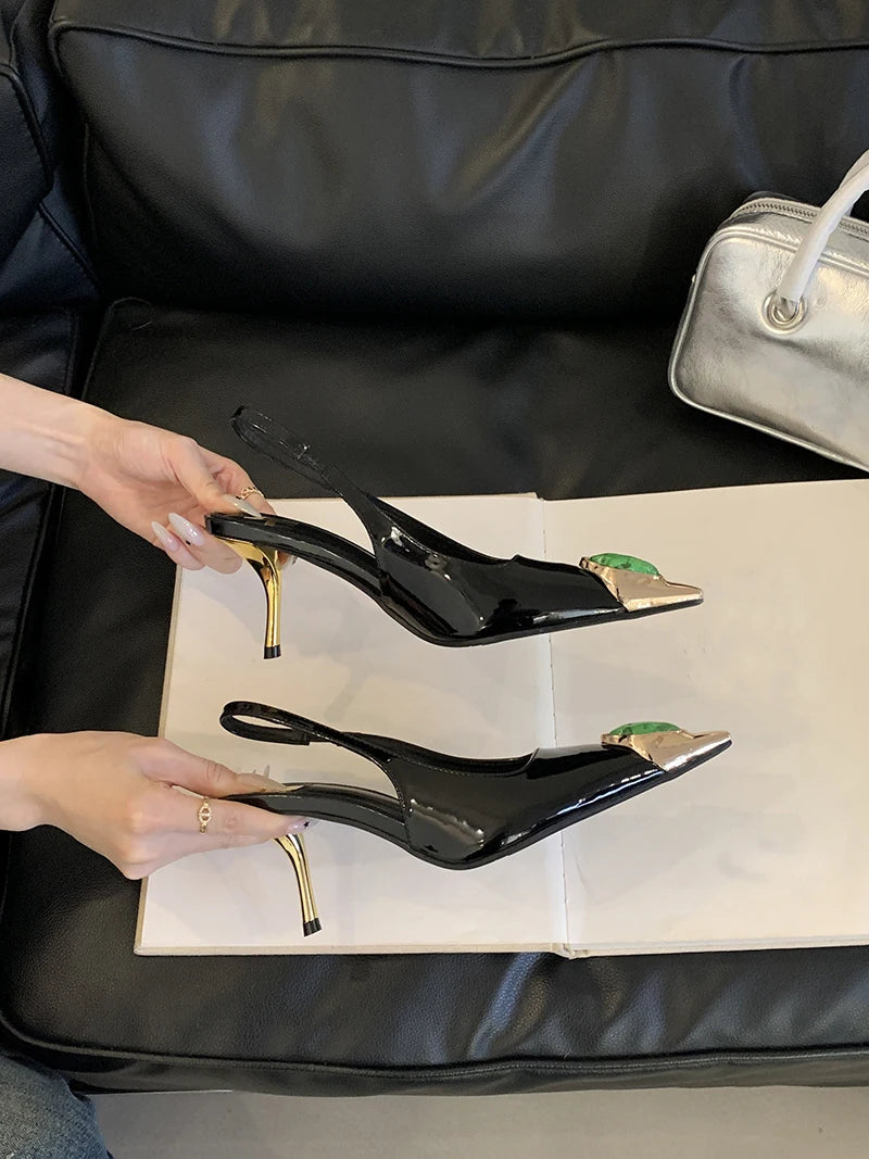 Liyke Fashion Design Inlay Gems Pointed Toe Patent Leather Sexy Slingback Sandals Women Pumps High Heels Wedding Banquet Shoes
