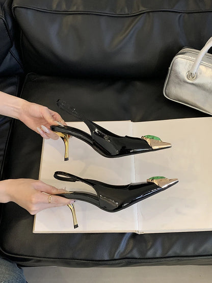 Liyke Fashion Design Inlay Gems Pointed Toe Patent Leather Sexy Slingback Sandals Women Pumps High Heels Wedding Banquet Shoes