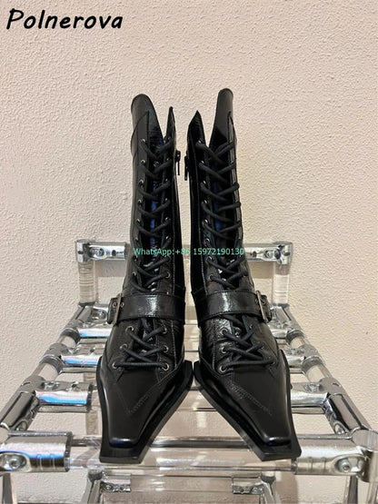 Buckle Belt Cross Tied Boots Solid Square Toe Strange Style Heels Zipper Black Ankle Boots Women's Genuine Leather Modern Boots