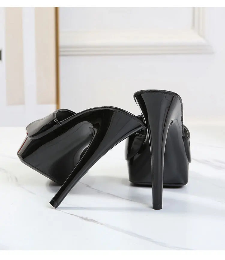 13CM Woman Slippers Mule Patent Leather Sandals Sexy Fashion Slides Party Shoes for Women Luxury Black Summer Platform Sandals