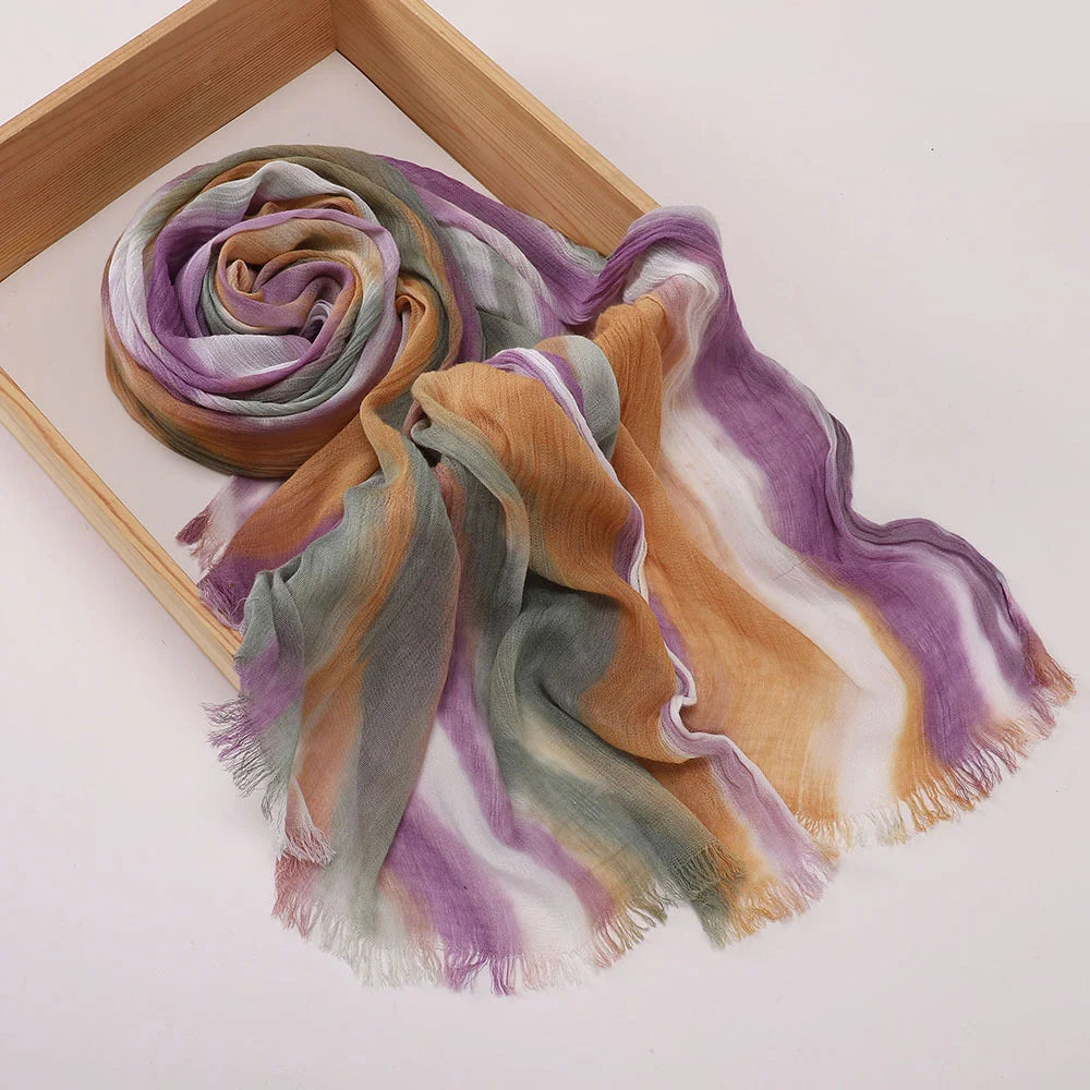 New Fashion Cotton Blend Hijabs Scarf Woman Graduated Color Striped Women Headscarf Retro Versatile Printing Long Shawl
