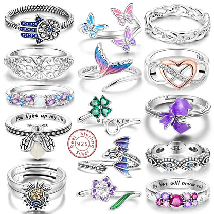 Rings Hot Sales 925 Sterling Silver Love Heart Sun Moon Star Iris Adjustable Rings For Women Wedding Birthday Party Jewelry Gift