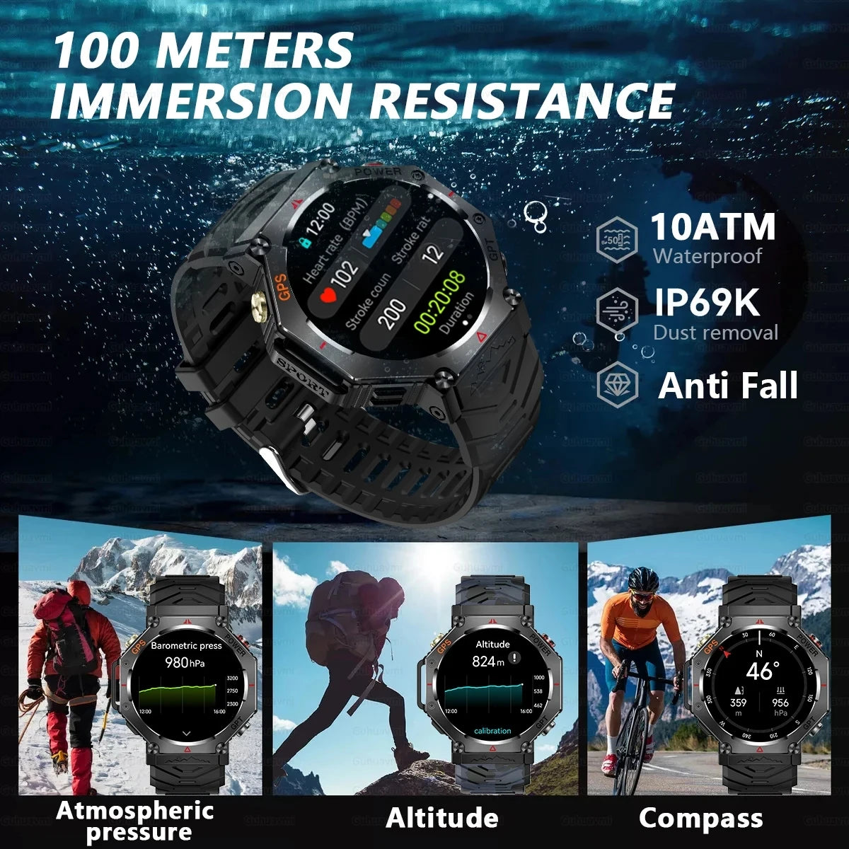 New Military Real GPS Smart Watch Men 10ATM IP69K Waterproof Swim Sports Watches Flashlight Bluetooth Call AMOLED HD Smartwatch