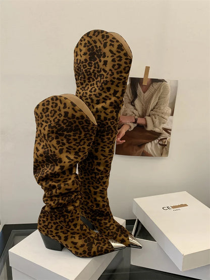 ZAROY Punk Metal Pointed Toe Knee High Boots Women Winter Retro Leopard Print Square Low Heels Pleated Western Cowboy Long Botas