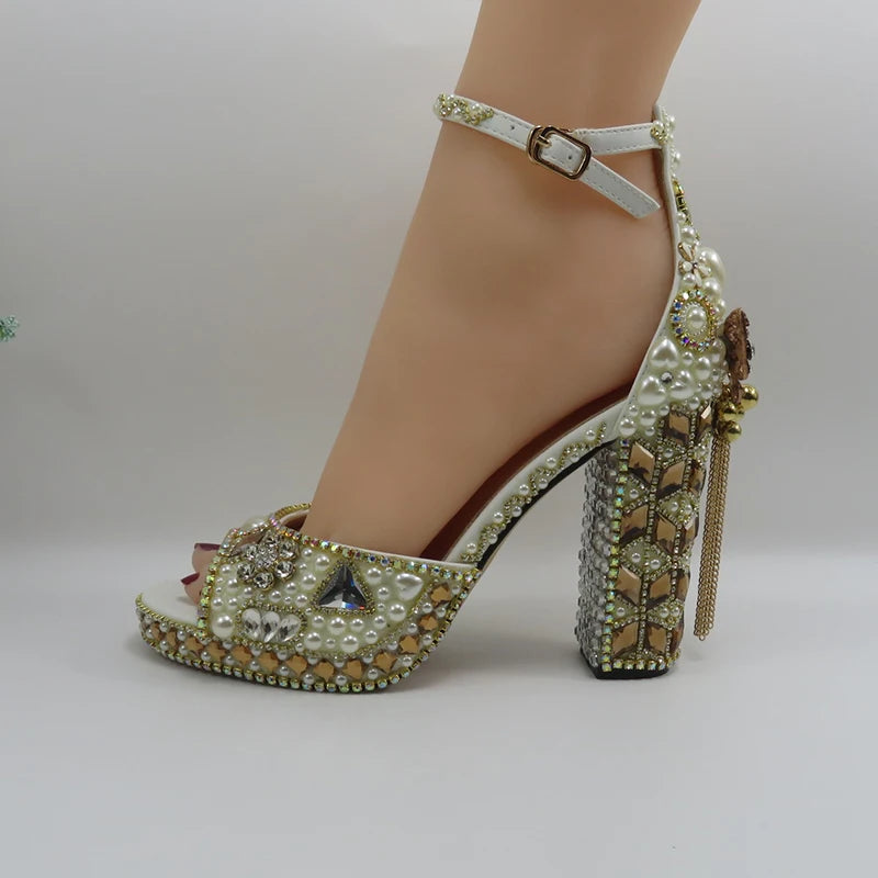 Luxury cyrstal wedding shoes with matching bags woman fashion Thick heel Women party dress shoes Fish beak Women shoes