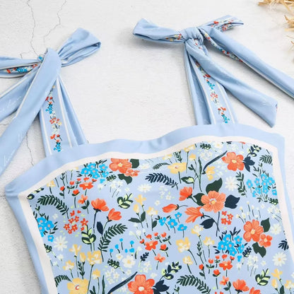 Women's Retro Double Sided Print Sweetheart Neck Tie Back Sleeveless One Piece Swimsuit Tankini Tankinis Dames Tankini Woman