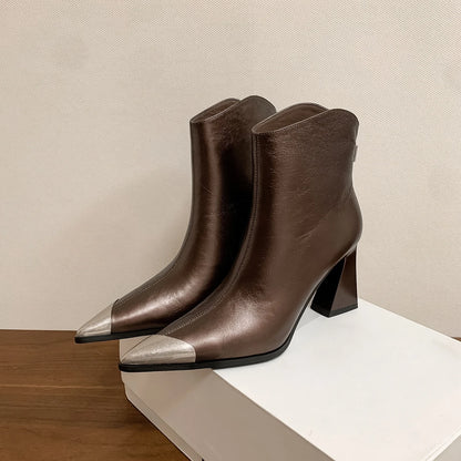 Women's Metallic Ankle Boots Metal Toe Cap Block Heel Design Sharp Pointed Toe Elegant Side Zipper Office-Casual Daily Botas