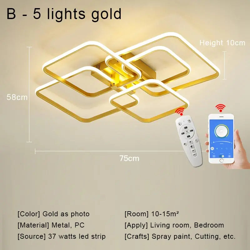 Modern Square LED Ceiling Chandelier with Remote Control Dimmable Light Fixture for Living Room Bedroom Dining Home Decor Lamp