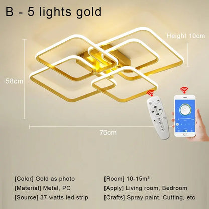 Modern Square LED Ceiling Chandelier with Remote Control Dimmable Light Fixture for Living Room Bedroom Dining Home Decor Lamp