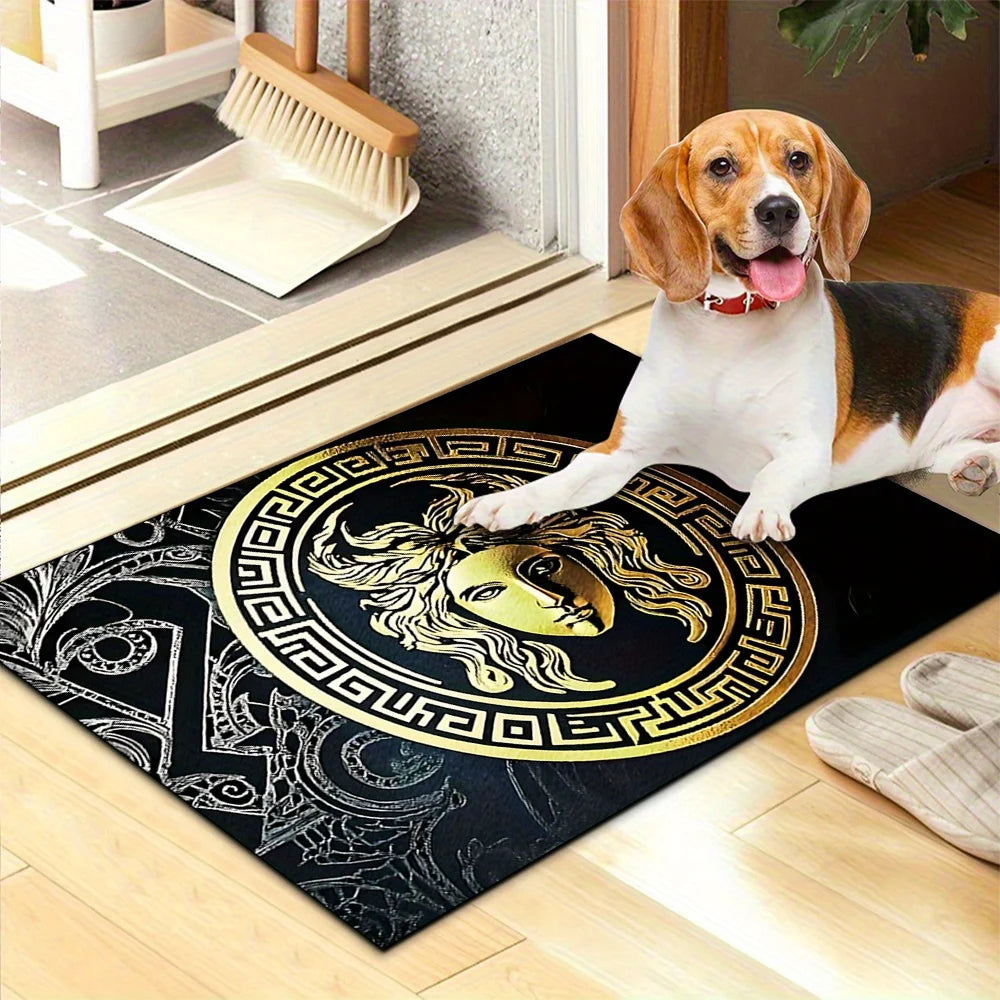 Luxury Black Gold Medusa Print Carpet Plush Flannel Rug Living Room Bedroom Home Decor Area Rug Non Slip Floor Mat