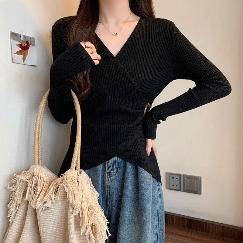 Women Wrap V Neck Ribbed Knit Top Metal Ring Buckle Flare Long Sleeve Slim Sweater
