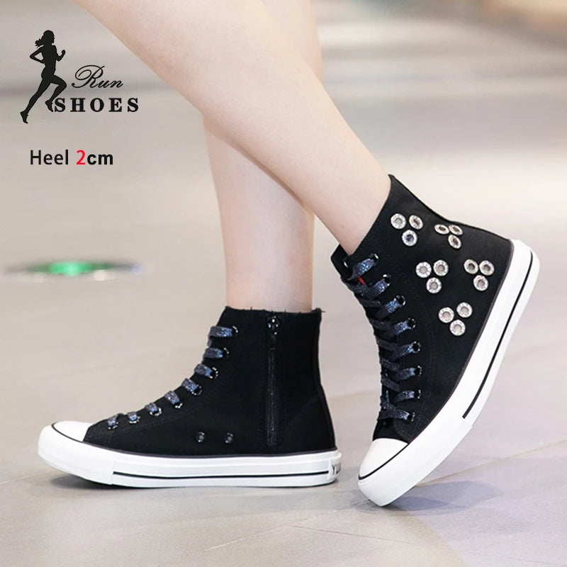 Breathable Hollow Canvas Short Boots Summer Women Black Casual Shoes Punk Rivet Flat Bottomed Shoes 2CM Woman High top Sneakers