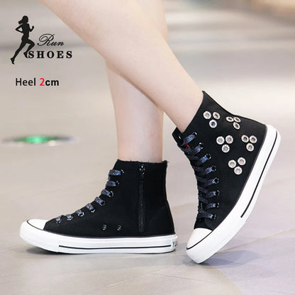 Breathable Hollow Canvas Short Boots Summer Women Black Casual Shoes Punk Rivet Flat Bottomed Shoes 2CM Woman High top Sneakers
