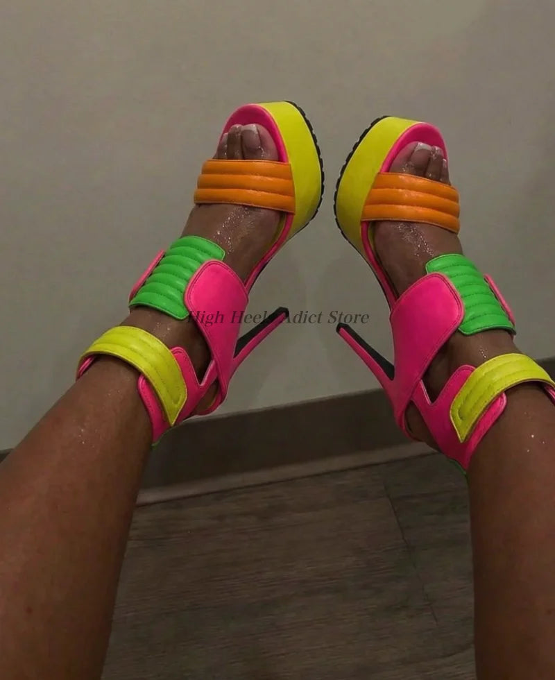 Women's hot pink platform leather sandals 2026 New in buckled mixed colors zipper high heels booties luxury designer party shoes
