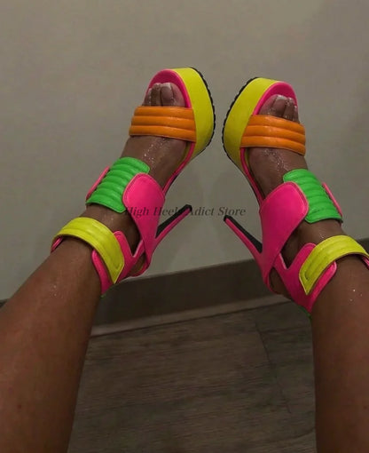 Women's hot pink platform leather sandals 2026 New in buckled mixed colors zipper high heels booties luxury designer party shoes