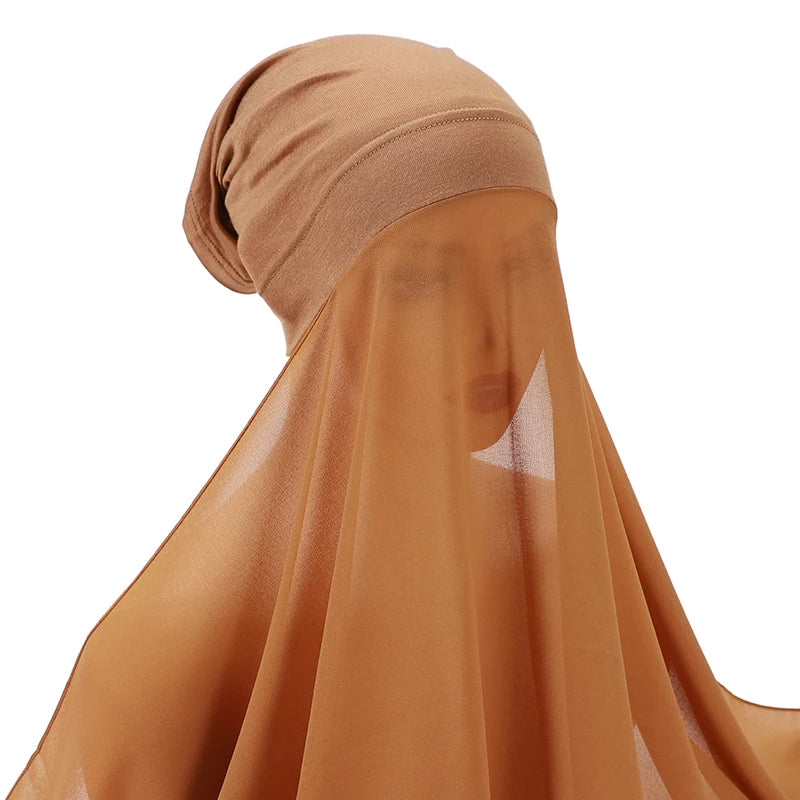 Muslim Women Bonnet + Chiffon Shawl Instant Under Scarf Cap Islam Inner Scarf Headband Stretch Hijab Cover Headwrap Turbante