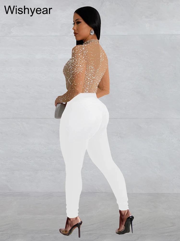 Wishyear Sexy Mesh See Through Rhinestone Black Jumpsuits Women One Piece Outfits Bodycon Long Sleeve Birthday Rompers Clubwear
