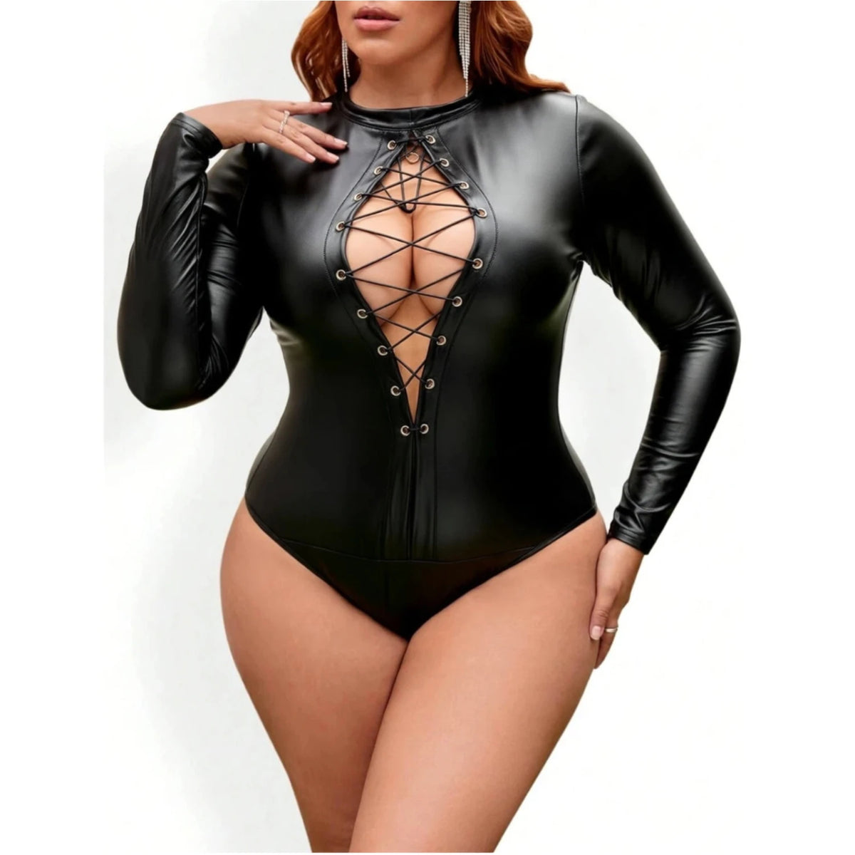 Plus Size Women Leather Bodysuit Lace Up Long Sleeve Romper Clubwear Party