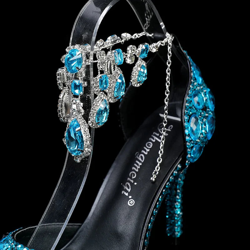 2024 Autumn Slim Heels Shallow Mouth Luxury Blue Water Diamond Pearl Women Single Shoes 9CM Wedding Party Shoes Sandalias Mujer