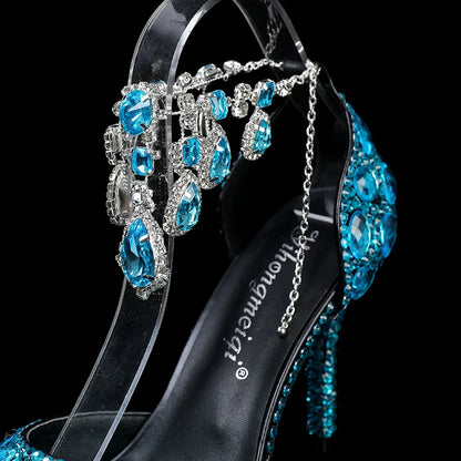 2024 Autumn Slim Heels Shallow Mouth Luxury Blue Water Diamond Pearl Women Single Shoes 9CM Wedding Party Shoes Sandalias Mujer