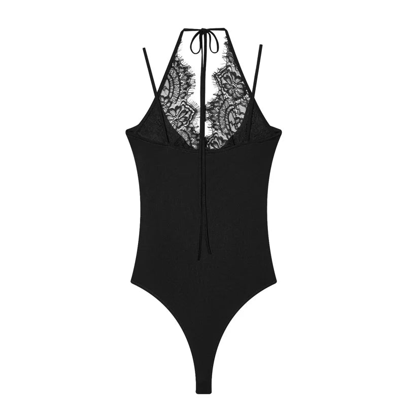 Women's Bodysuit 2026 New Fashion Summer Black Spliced Lace Bodysuit for Women Elegant Chic Personality Spaghetti Strap Bodysuit
