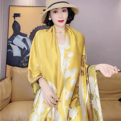 Designer Almond Blossoms Printed Silk Scarf Women Luxury Sun Protection Shawl Ladies Summer Beach Pareo Sarong Travel Wrap 180cm