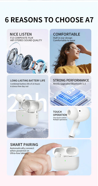 2026 A7 Pro Wireless Bluetooth Earphones TWS Headset HiFi Earbuds Noise Reduction Headphones Waterproof For IPHONE Android