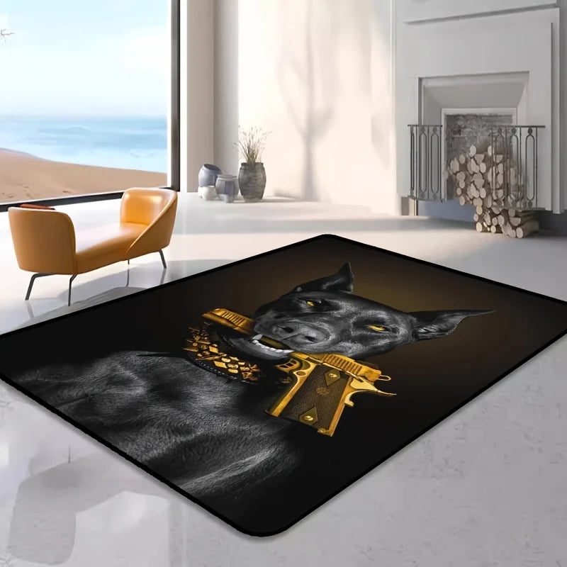 Cool Fashion Doberman with Gun Doormat, Non-Slip Entryway Rug, Durable Washable Floor Mat for Gym and Living Room