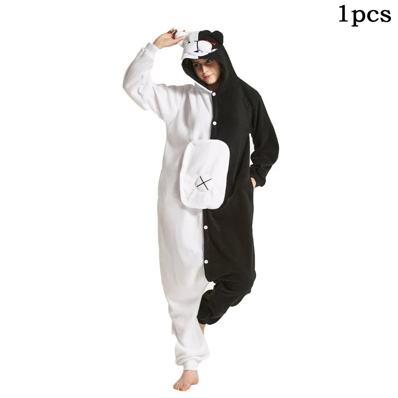 Monokuma Unicorn Kigurumi Pajama Adult Onesie Anime Bear Jumpsuit Black White Animal Pajamas Women Halloween Party Suit Overall