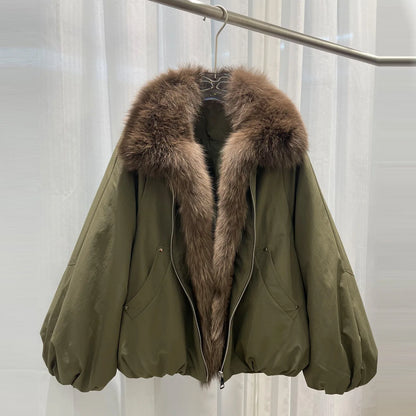 Women Winter Fox Fur Collar Short Puffer Jacket White Duck Down Thick Warm Loose Fit Parka Luxury Fashion Casual Outerwear Coat