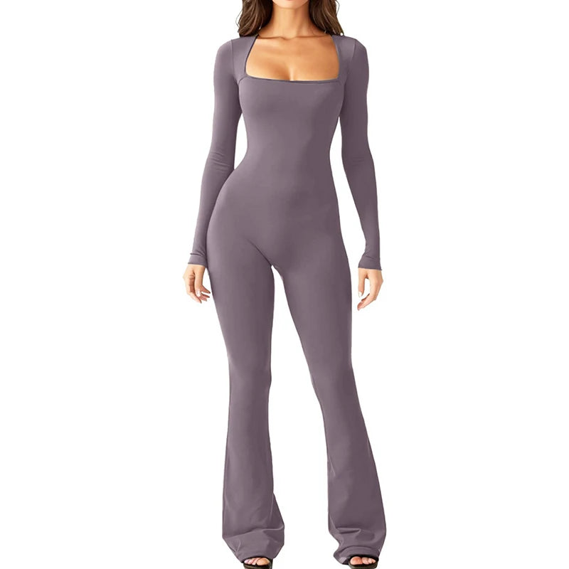 Foreign Trade Women's Long Sleeved Waist Cinching and Waist Lifting Square Collar Wide Leg High Elastic Jumpsuit
