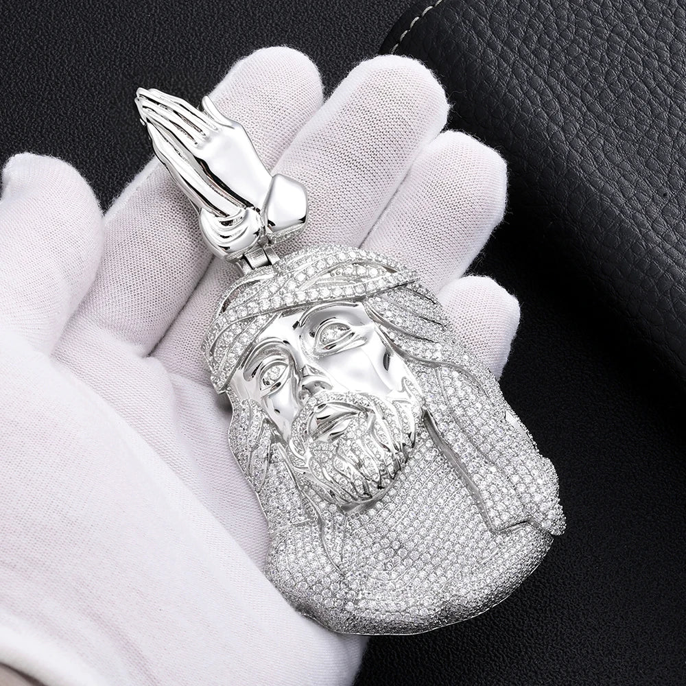 HHIOK Iced Out Jesus Head Pendant S925 Silver Moissanite Praying Hands Pendant Hip Hop Religious Jewelry For Men