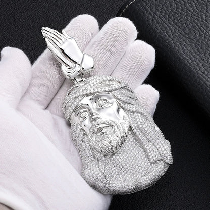 HHIOK Iced Out Jesus Head Pendant S925 Silver Moissanite Praying Hands Pendant Hip Hop Religious Jewelry For Men