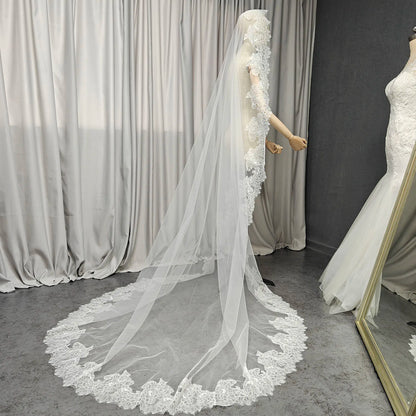 Customized Long Mantilla Veil with Eyelash Lace, 2.5m/3m Ivory Veil with Hidden Comb, Chantilly Eyelash Lace Wedding Veil