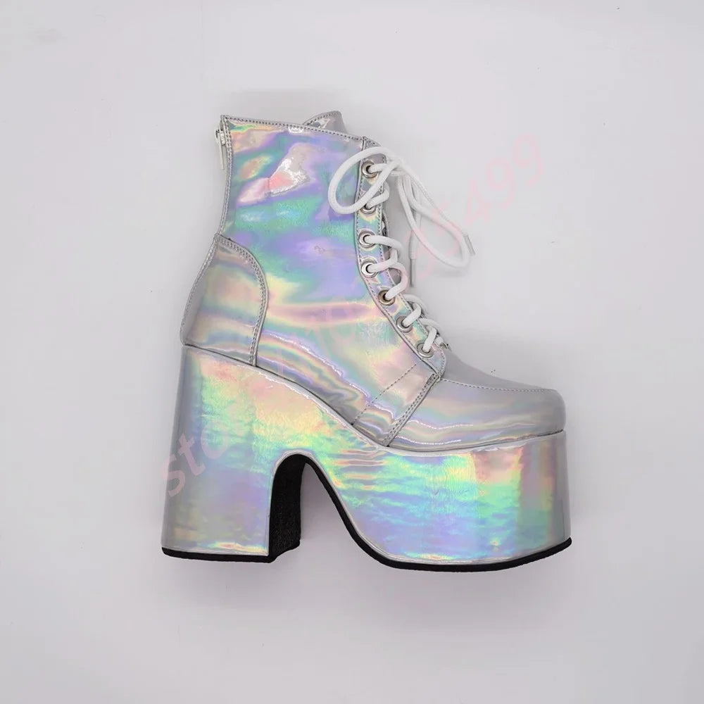 Thick Sole Round Toe Punk Party Boots 2025 New Street Rock Lace-Up Motorcycle Boots Fashion 34-48 Thick High Heel Ankle Boots