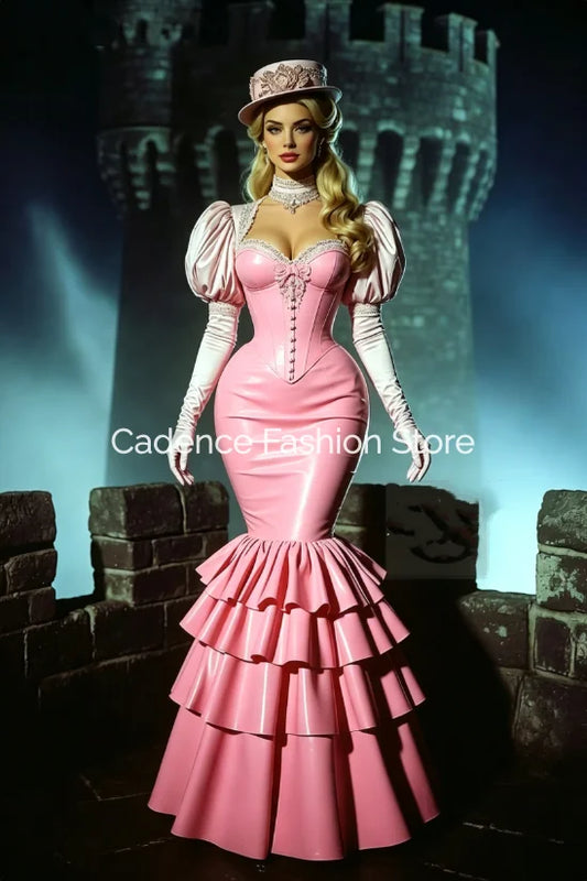 Vintage Pink Mermaid Formal Evening Gown V-Neck Puff Sleeves Corseted Court Ruffled Medieval Historic Prom Dresses Customized