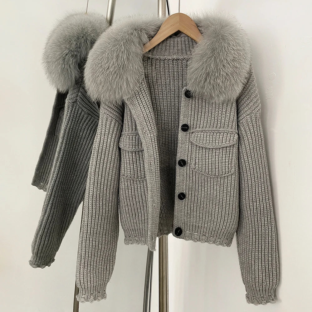 OFTBUY 2025 New Autumn Winter Women Real Fox Fur Caedigan Natural Fox Fur Hooded Jacket Decoration Lady's Sweater Coat