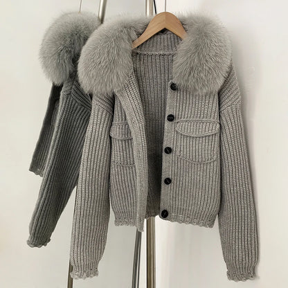 OFTBUY 2025 New Autumn Winter Women Real Fox Fur Caedigan Natural Fox Fur Hooded Jacket Decoration Lady's Sweater Coat