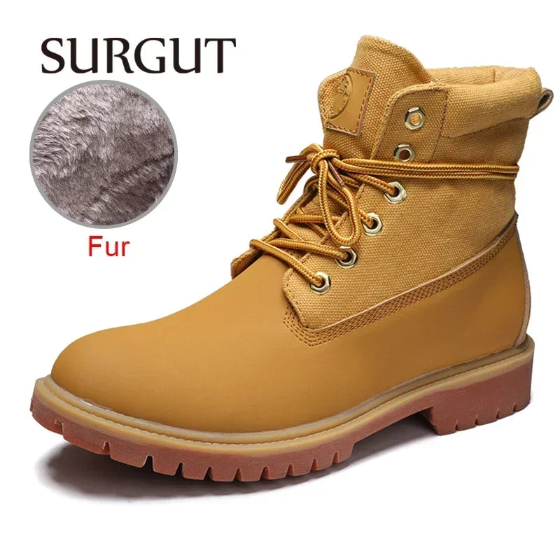 SURGUT Leather Men Boots Comfortable Autumn Winter Plush Keep Warm Shoes Fashion Trends Style Working Boots