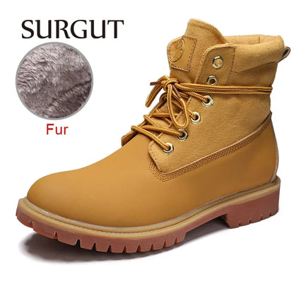 SURGUT Leather Men Boots Comfortable Autumn Winter Plush Keep Warm Shoes Fashion Trends Style Working Boots