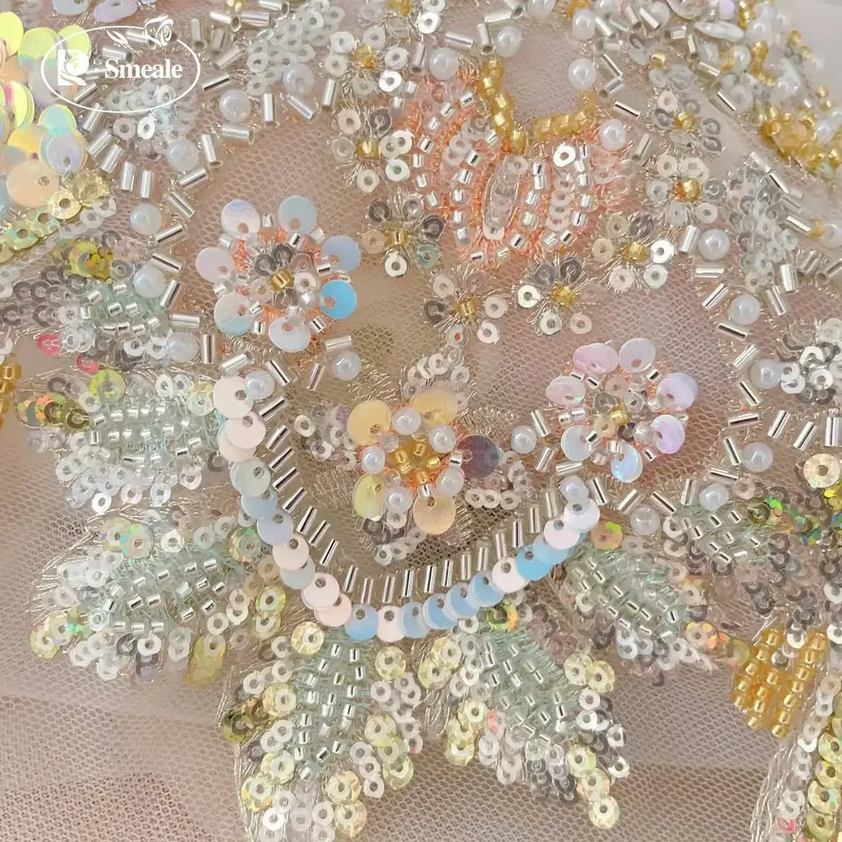 Sequins Bead Embroidery Lace Headwear, Costume Hanfu Belt, Champagne Gold Fish Scale, Performance Costume