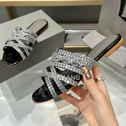 Summer New Luxury Rhinestone Decor Flat Slippers Women's Open Toe Hollow Out Casual Sandals Outdoor Vacation Beach Shoes 2024