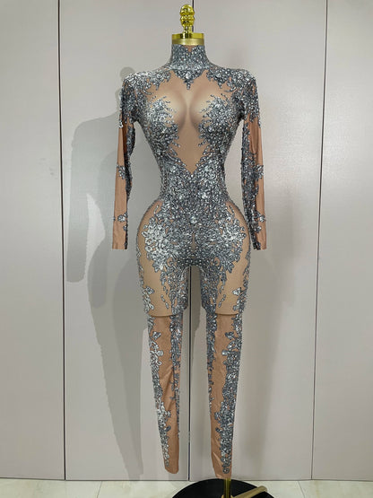 Luxury Sparkly Diamonds Print Long Sleeves Stretch Jumpsuit Evning Party Dancer Nightclub Bar DJ Sexy Stage Performance Costumes