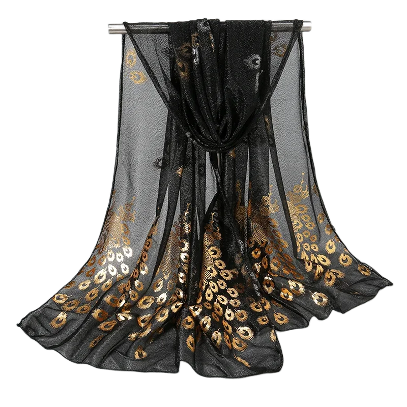 Women Glitter Thin Muffler Solid Color  Elegant Hijab Scarf Chiffon Long Scarves Gold Peacock Print Wrap Shawl Georgette Scarf
