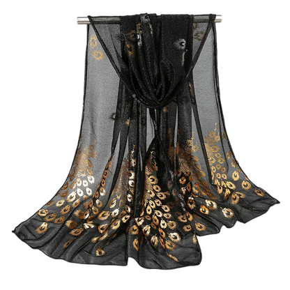 Women Glitter Thin Muffler Solid Color  Elegant Hijab Scarf Chiffon Long Scarves Gold Peacock Print Wrap Shawl Georgette Scarf