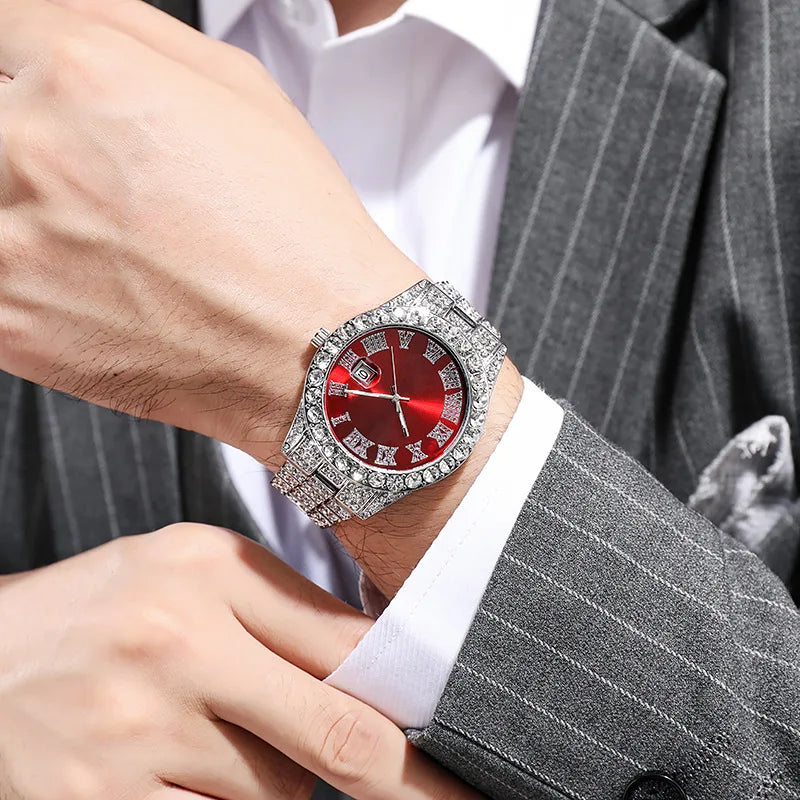 Luxury Fashion Hip Hop Men's Wristwatch, Roman Numeral Dial, Round Rhinestone Date Display,Men's Business Quartz Watch Clock