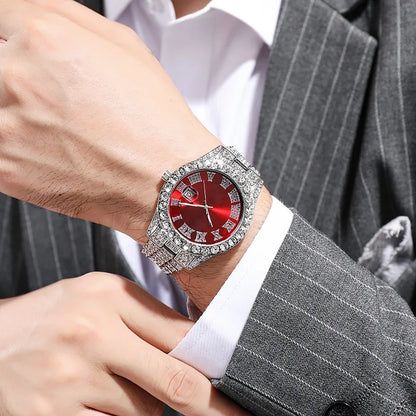 Luxury Fashion Hip Hop Men's Wristwatch, Roman Numeral Dial, Round Rhinestone Date Display,Men's Business Quartz Watch Clock