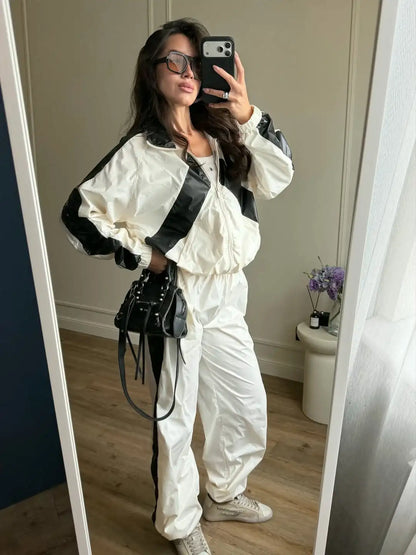 Chevron Stripe Windbreaker Tracksuit Women Casual Zip Cropped Jacket Contrast Trim Shorts Suit Lady Daily Jogging Street Outfit